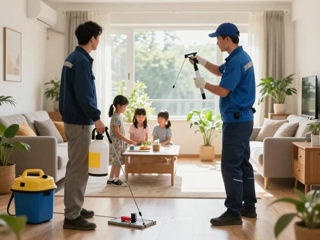 Dedetizadora technician applying pest control measures in a safe, modern home environment with a family observing.