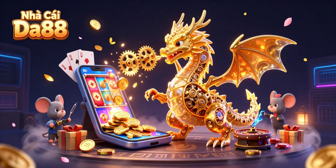 Engage with Nhà Cái Da88 in a vibrant 3D casino scene featuring a golden dragon and gaming elements.