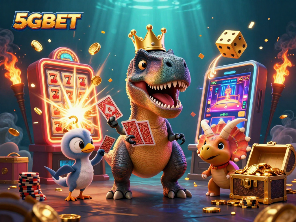 Experience winning thrills at 5GBET casino with animated T-Rex and vibrant slot machine action.