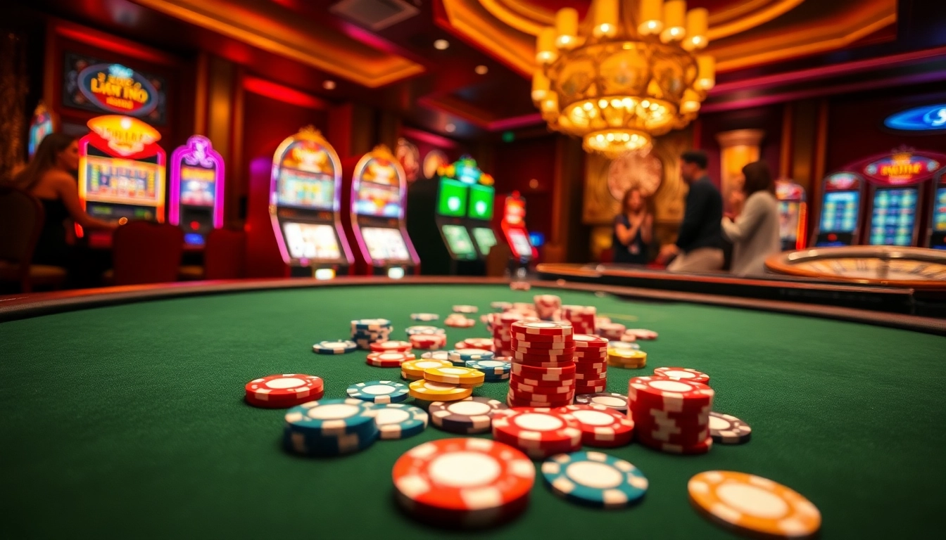 I9bet com poker table and vibrant casino scene showcasing excitement and luxury.