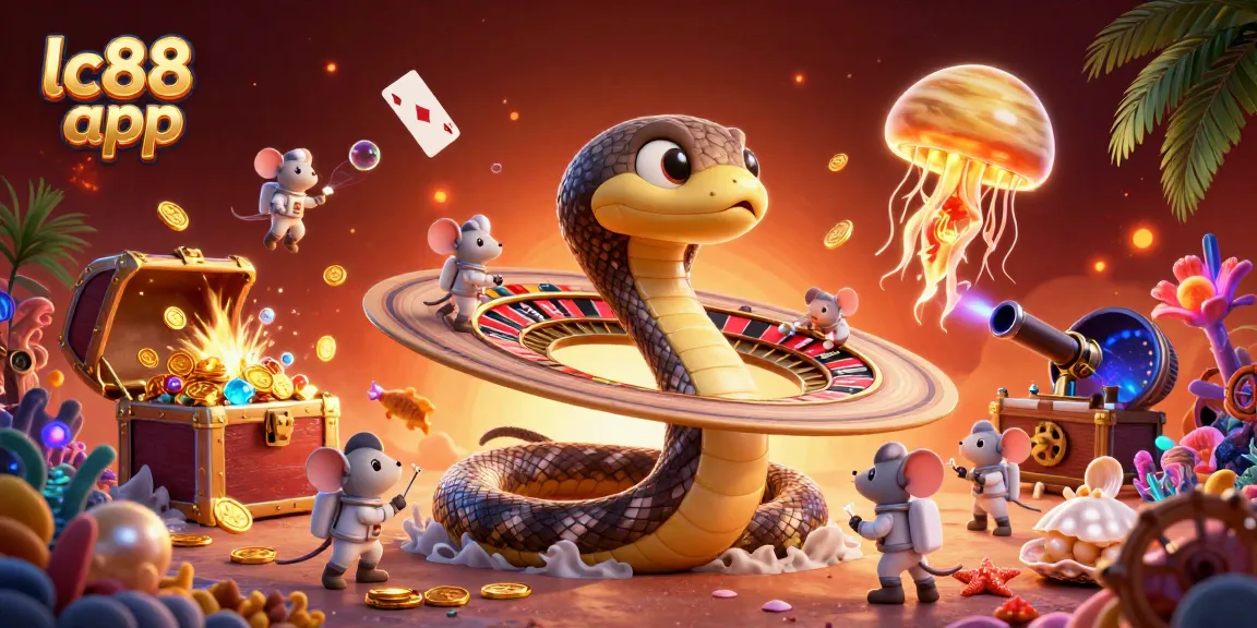 Bet and win with the lc88 app as cartoon characters celebrate in vibrant casino-themed illustration.