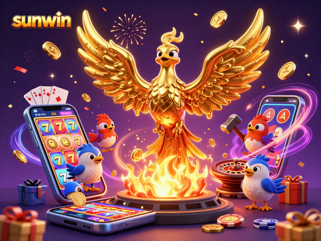 Experience sunwin's thrilling slots with a molten phoenix and colorful gaming elements.