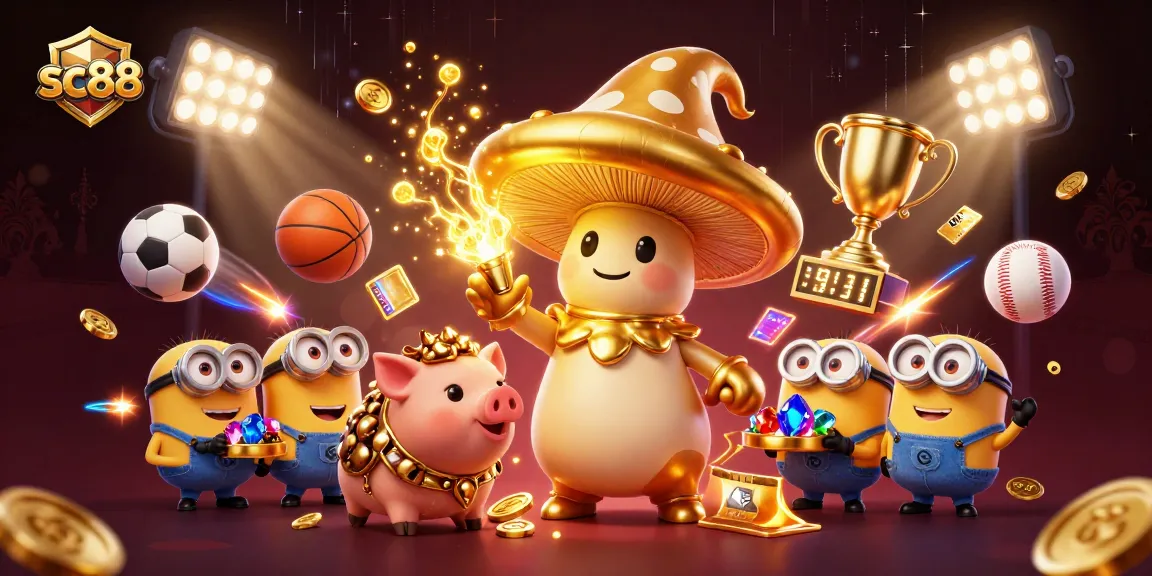 Experience the excitement of SC88 gaming with a golden mushroom wizard and treasure-hunting pig.