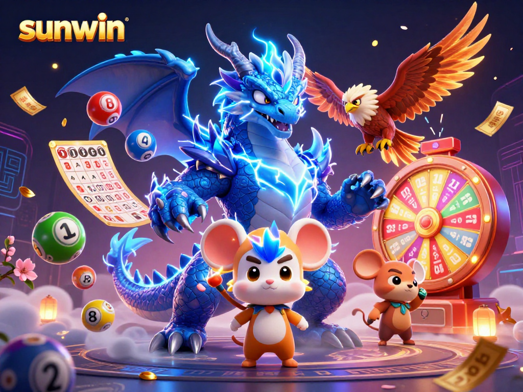 Play lottery games with vibrant elements featuring sunwin logos and dynamic action in 3D