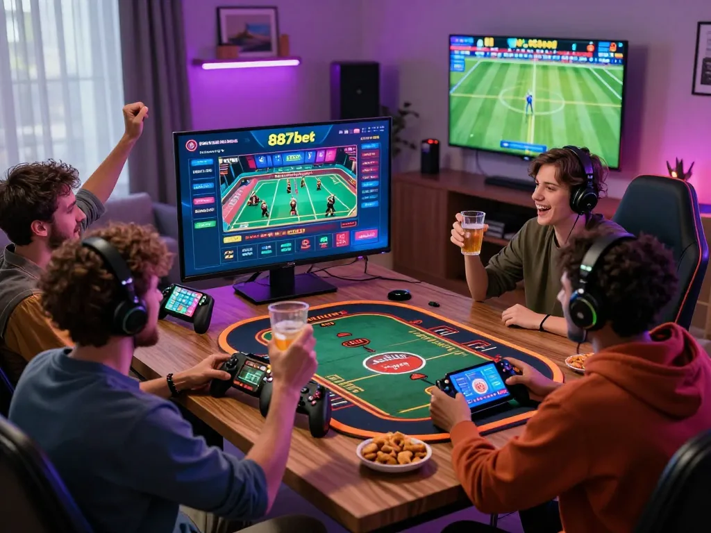 Friends enjoying a live gaming experience on 887bet, surrounded by snacks and technology.