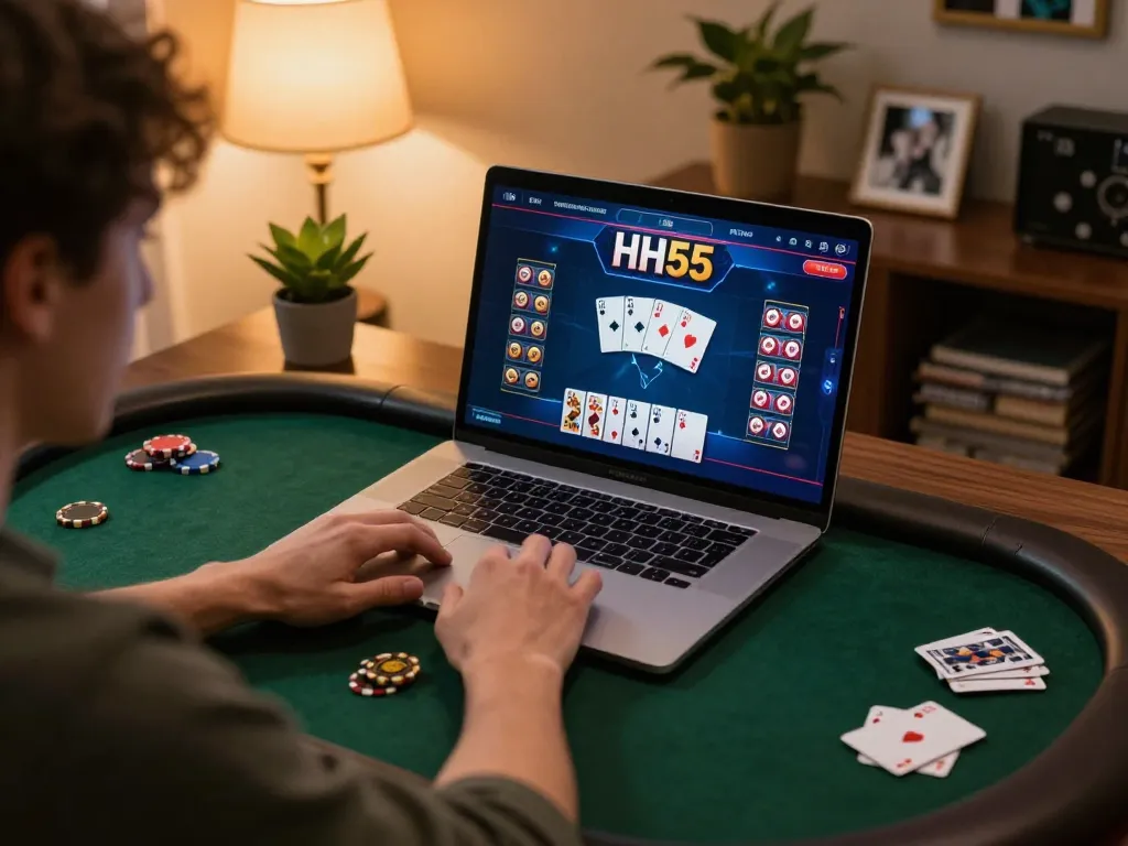 Interagindo com o poker na plataforma HH55 enquanto desfruta de uma experiência de jogo confortável em casa.