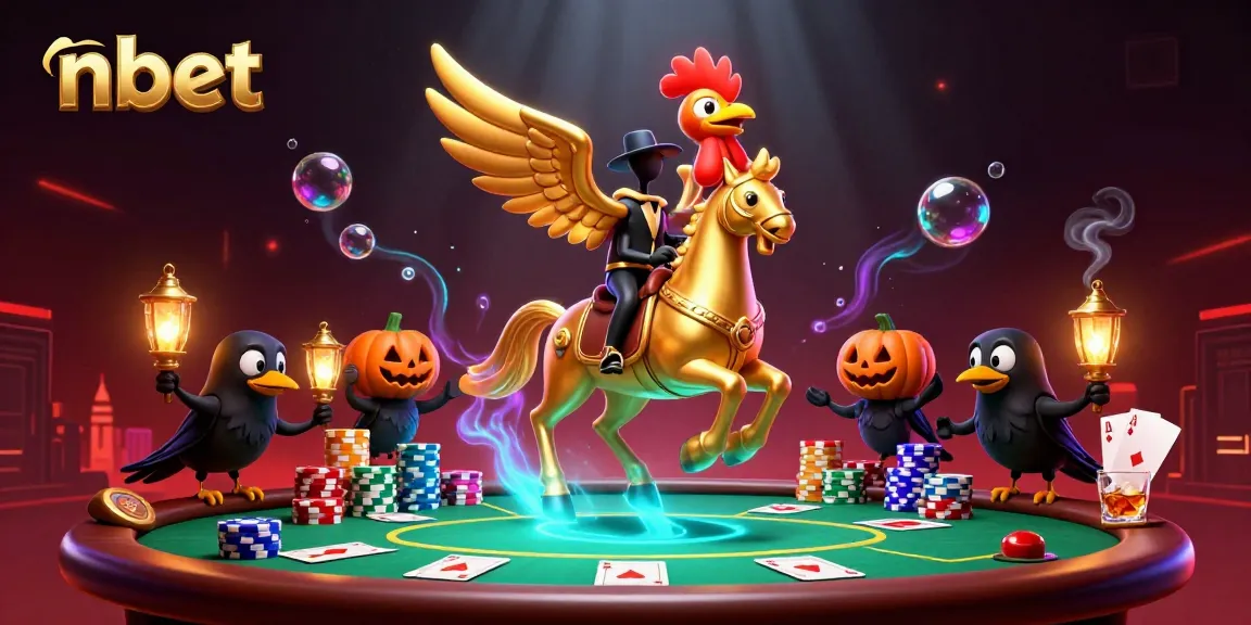 Experience nbet's vibrant casino scene featuring a golden rooster amidst poker excitement and dynamic elements.