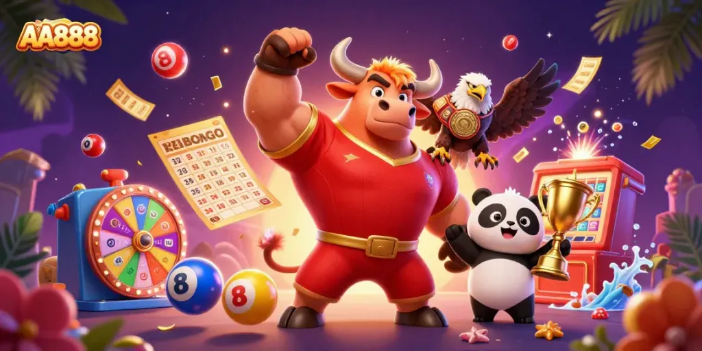 Engage with AA888, a lively scene featuring a bull mascot, eagle, and panda amidst colorful gambling elements.