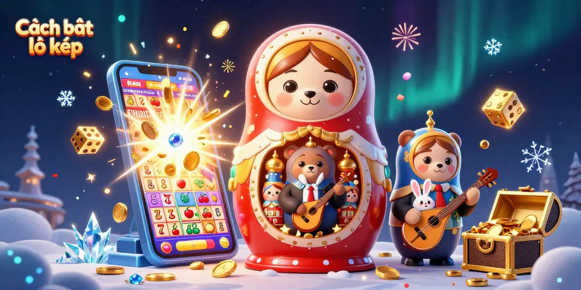 Cách bắt lô kép illustrated with a dynamic lottery-themed scene featuring cartoon bears and a jackpot explosion.