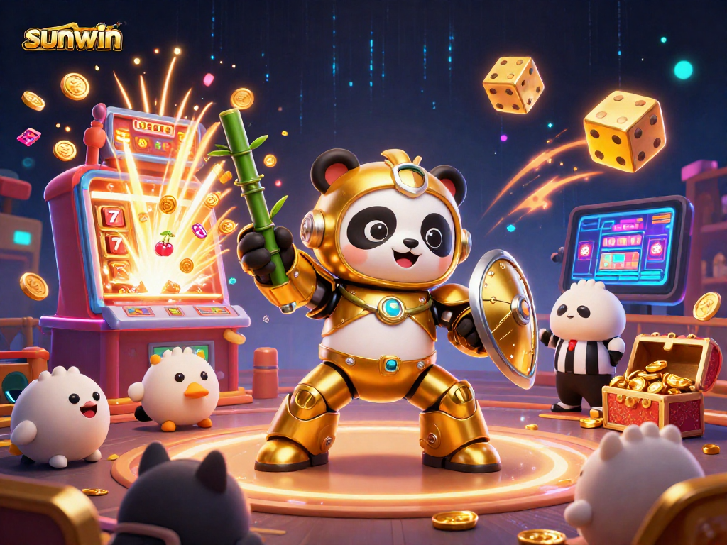 Experience the excitement of sunwin with a dynamic 3D illustration of a golden panda in a mech-suit.