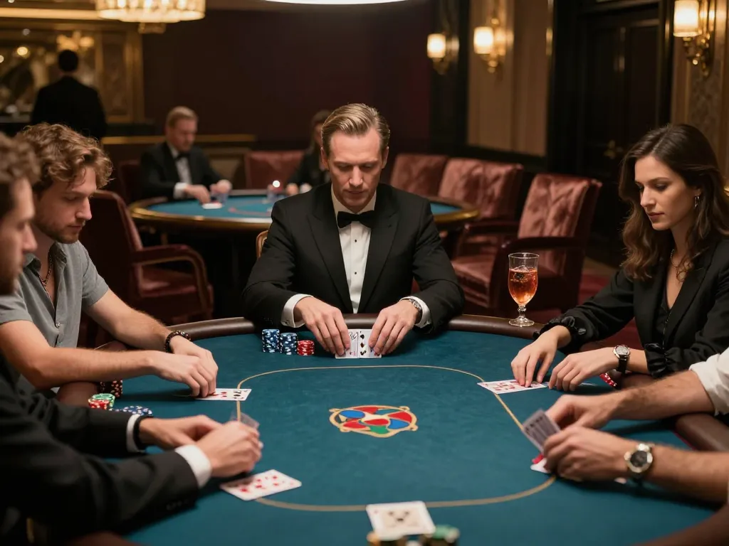 27G players engaged in high-stakes poker game in an upscale VIP room with luxurious decor
