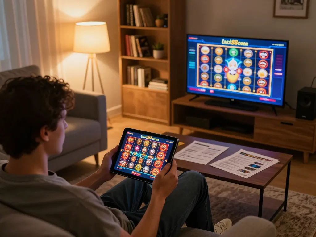 Engaging home gaming scene with lc88 com on tablet, showcasing online gambling atmosphere.