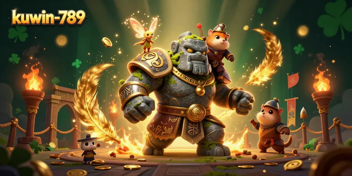Experience thrilling adventures with kuwin-789 as a whimsical golem guardian and knight battle in a magical casino world.