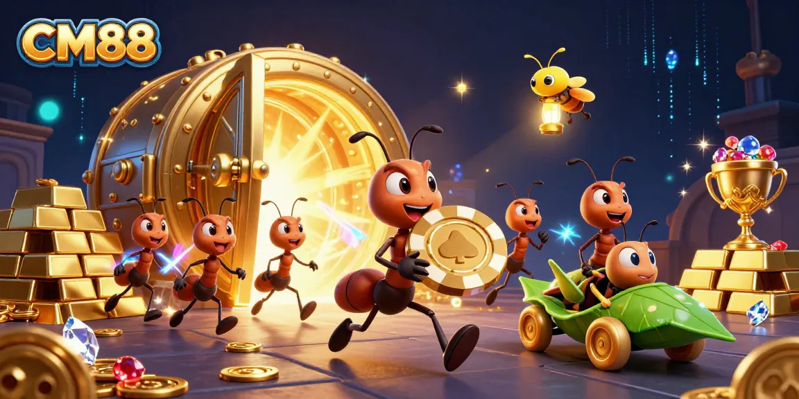 CM88 heist scene featuring cartoon ants with a golden poker chip embodying the thrill of online gaming