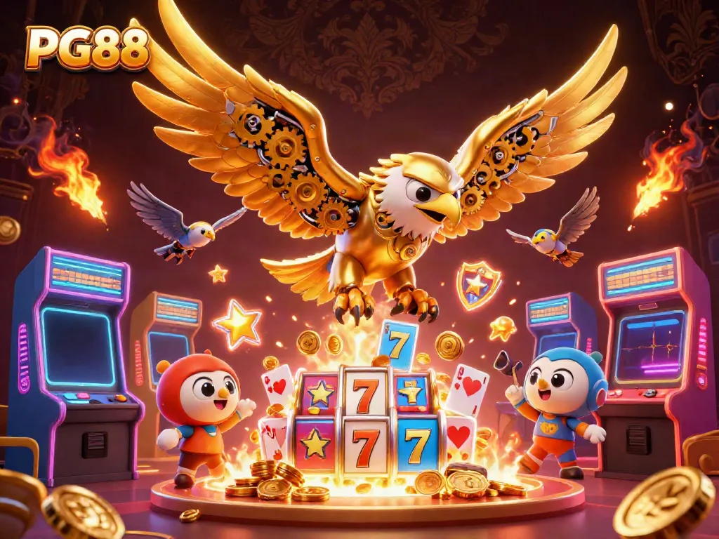 Experience PG88's exciting casino adventures with a dynamic golden eagle diving through slot reels.
