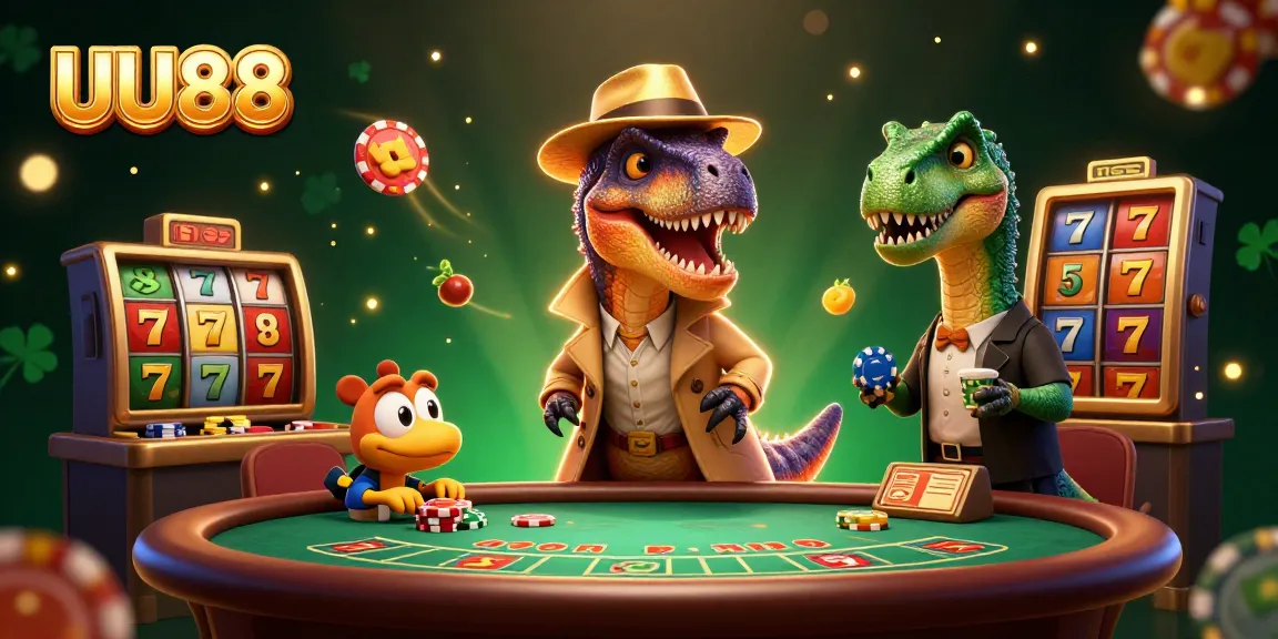 UU88 velociraptor card counter at blackjack table, with stegosaurus pit boss and compy pickpocket stealing chips.