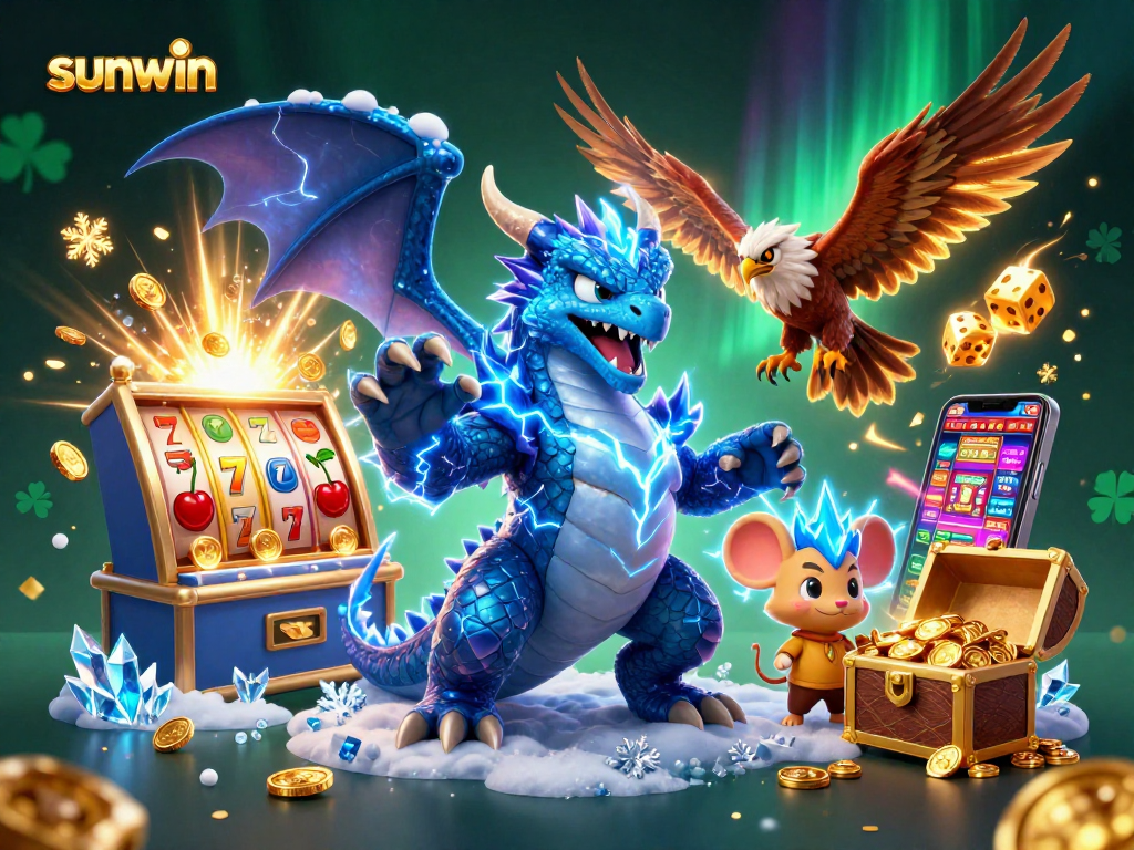 Win big at sunwin with a thrilling 3D casino illustration of slot machines and vibrant gaming elements.