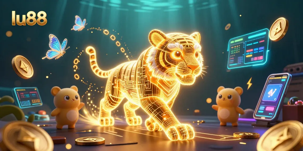 Engage with lu88 in a vibrant digital casino featuring a golden tiger and crypto coins.
