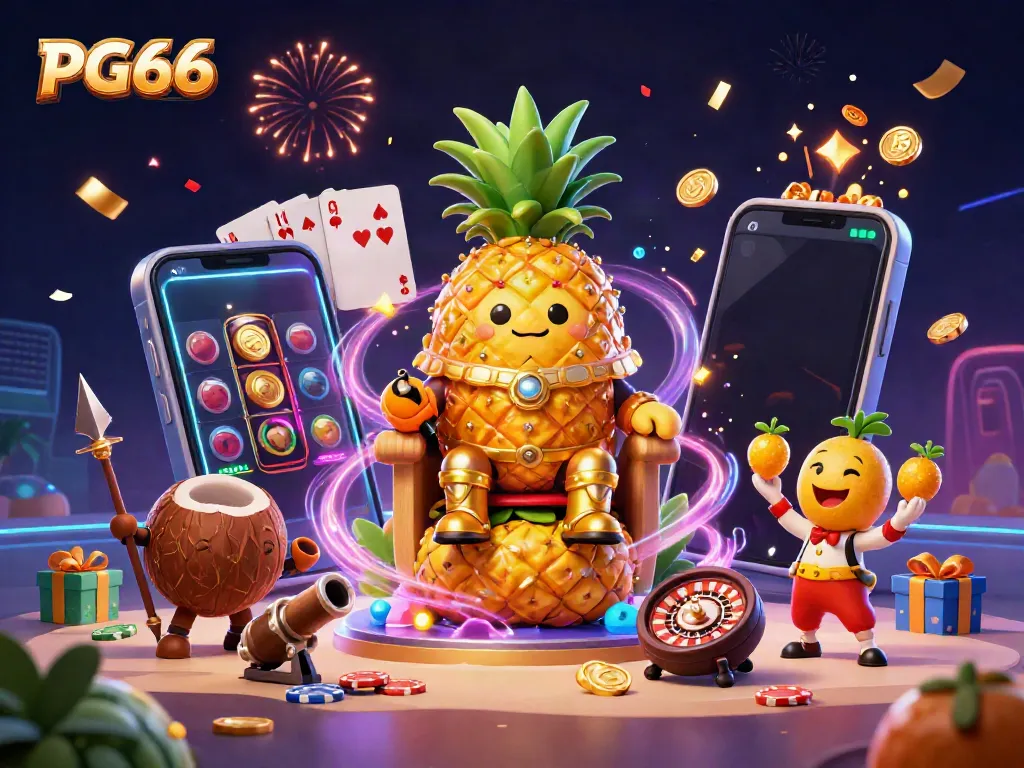 Engage in exciting gaming at PG66 with the vivid and dynamic scene of a vibrant casino world featuring playful characters and gaming elements.