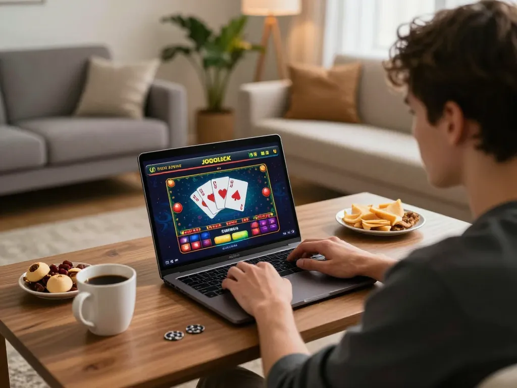 Engaged gamer playing jogoluck online casino on a laptop in a cozy living room.
