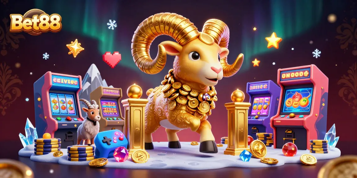 Bet88 offers an engaging gaming experience with vibrant slot reels and a dynamic golden ram.