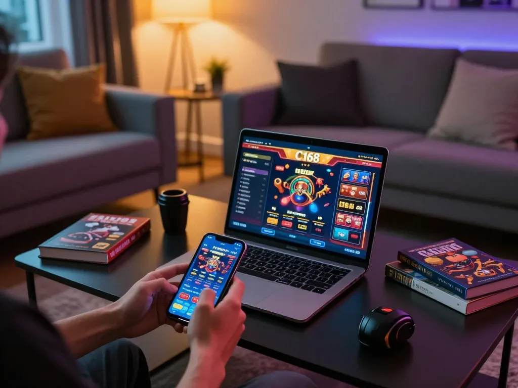 Player using the C168 mobile casino app for an exciting gaming session, showcasing smartphone and laptop interface.