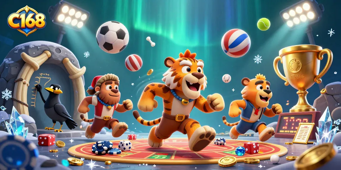 C168 offers thrilling gaming experiences in a dynamic prehistoric casino setting with vibrant elements.