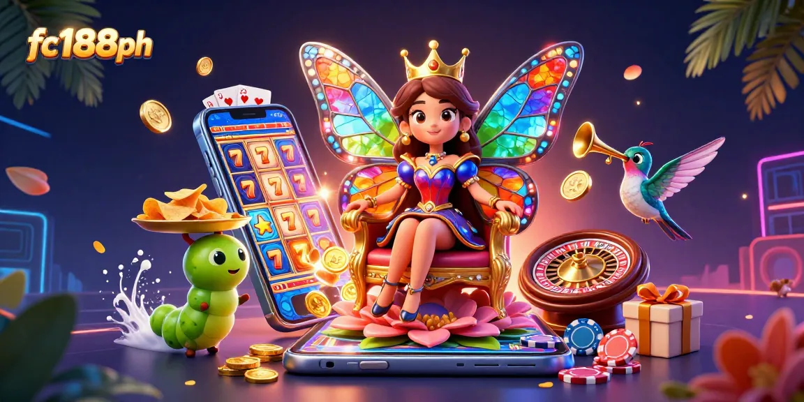 Engage with fc188ph's interactive gaming world featuring a cartoon butterfly queen amidst vibrant casino elements.