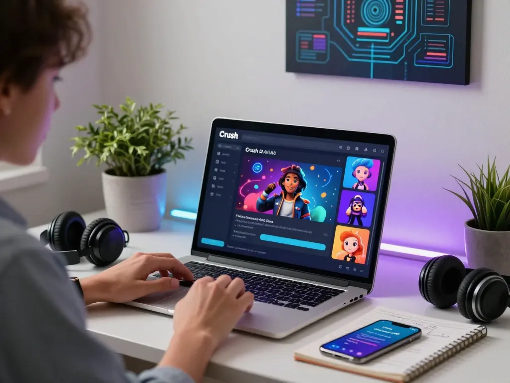 User interacting with Crush on AI platform at a modern desk, showcasing vibrant character chats and innovative tech elements.