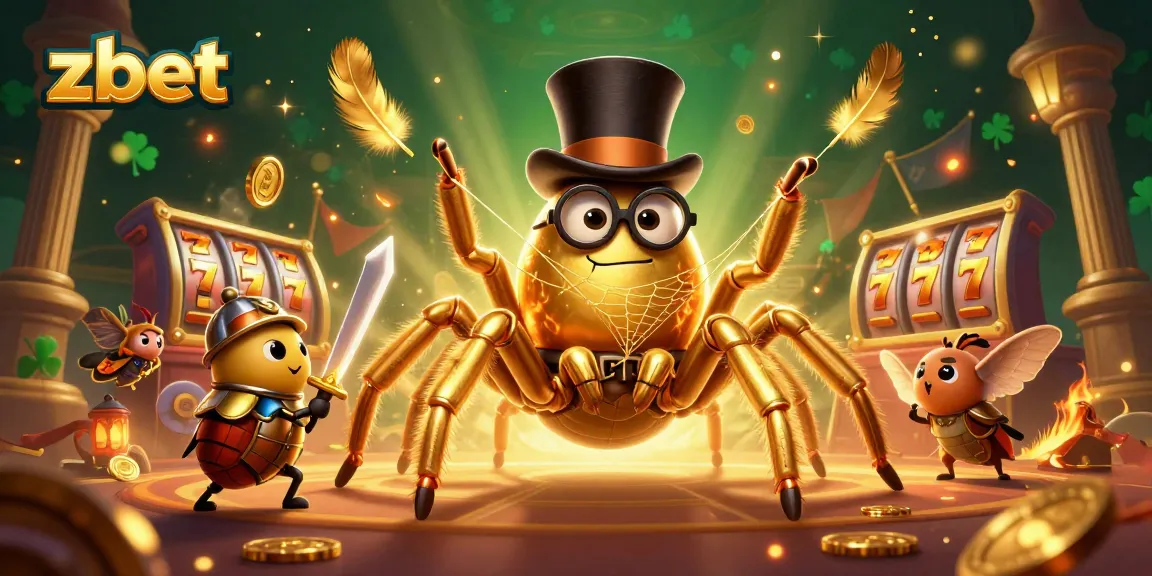 Engage with zbet in a vibrant casino scene featuring a golden tarantula and beetle knight amidst slot reels and gold tokens.