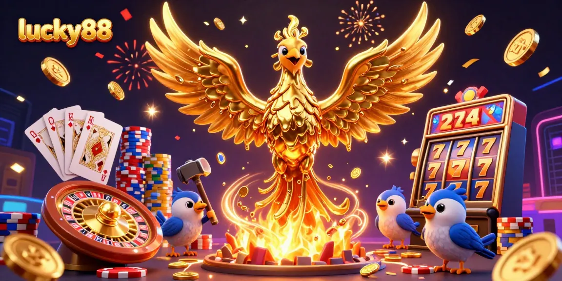 Experience thrilling wins with the lucky88 slot machine as golden phoenixes soar amid cascading coins.