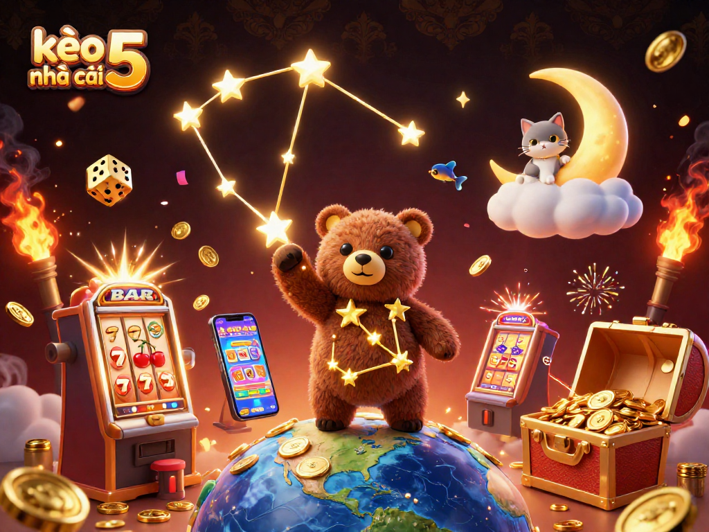 Experience the thrill with kèo nhà cái 5 as the constellation bear sifts through jackpot coins amid a gaming spectacle.