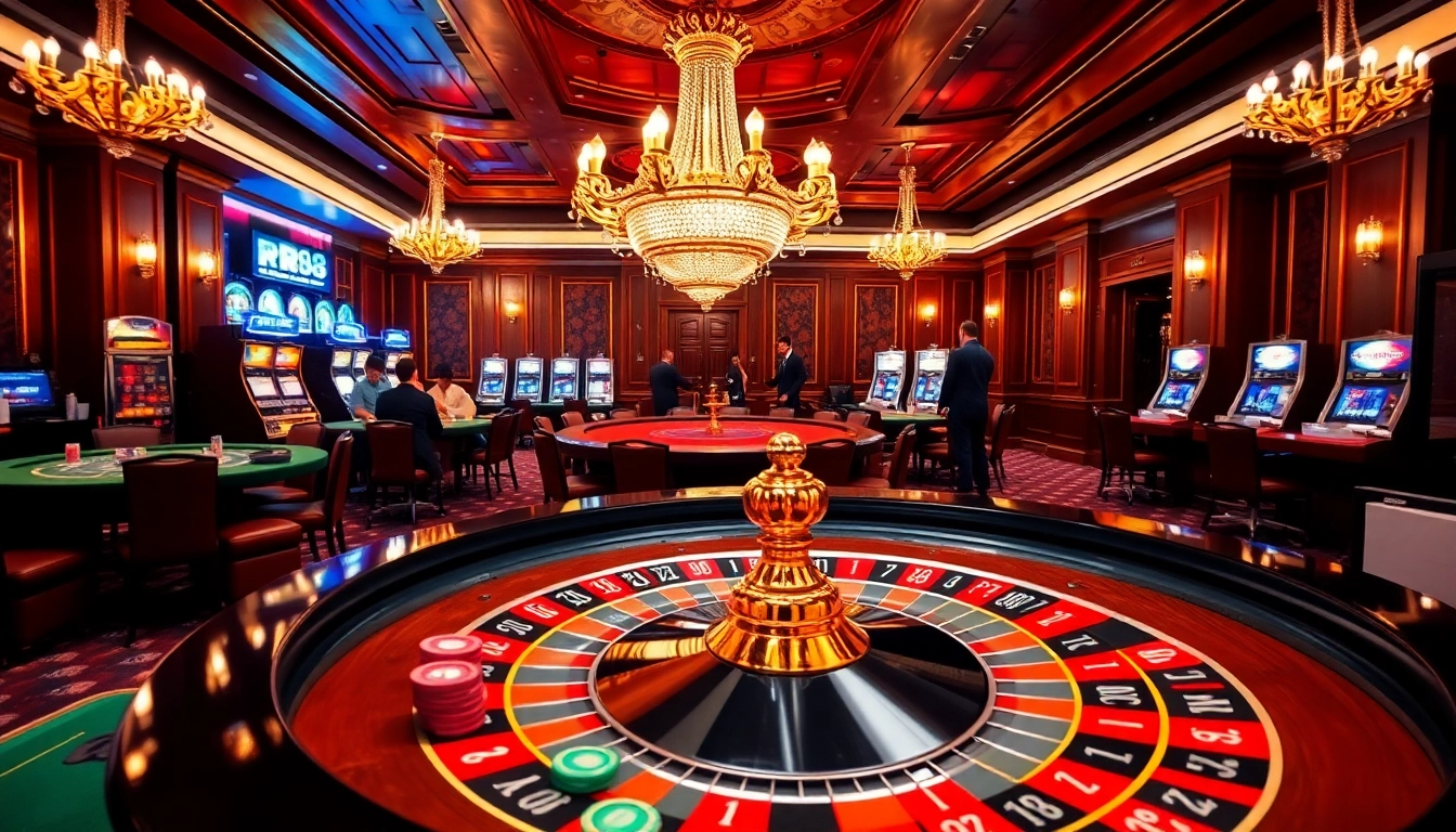 Experience thrilling gameplay at RR88 select with vibrant roulette and poker tables in a luxurious casino setting.