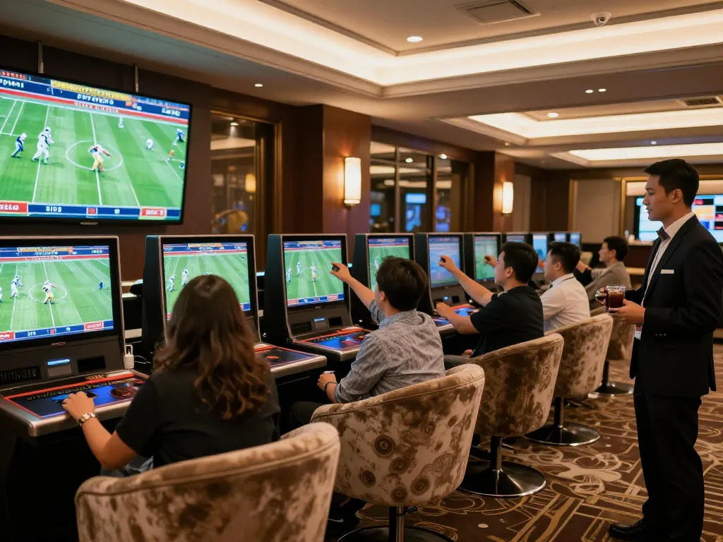 Patrons engaged in dynamic sports betting at a luxurious venue showcasing va88 excitement.