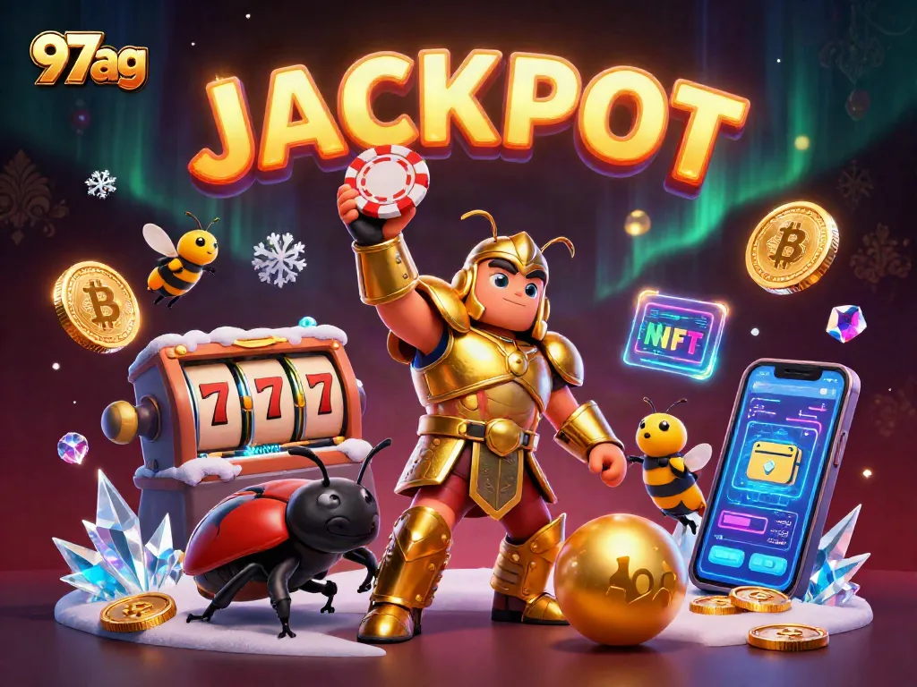 Engage with 97ag by witnessing a heroic beetle winning at slots amidst vibrant casino elements.