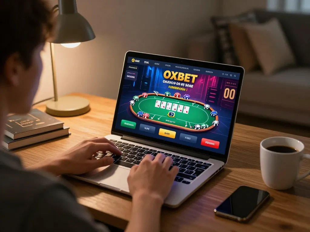 Engaging in poker at home using OXBET online casino platform on a laptop, cozy atmosphere.