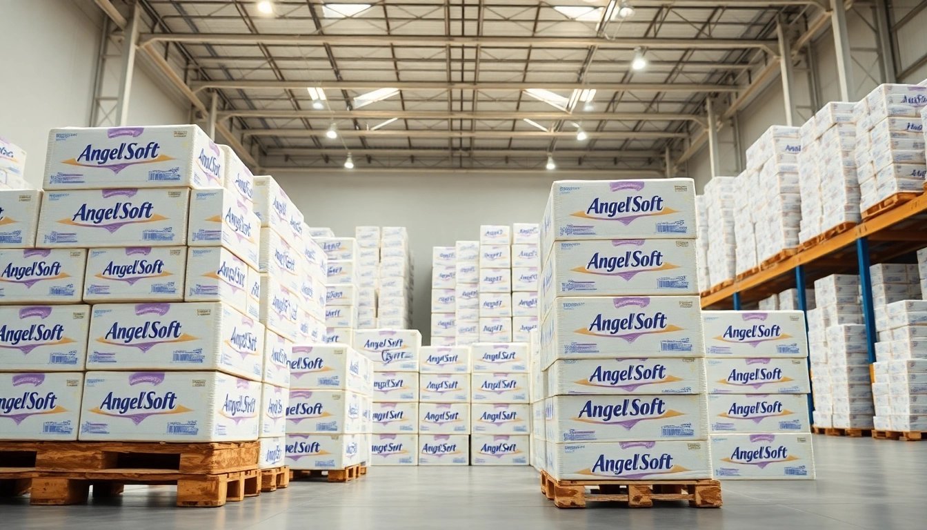 Showcasing Angel Soft Toilet Paper Pallets arranged for maximum retail impact in a bright warehouse.
