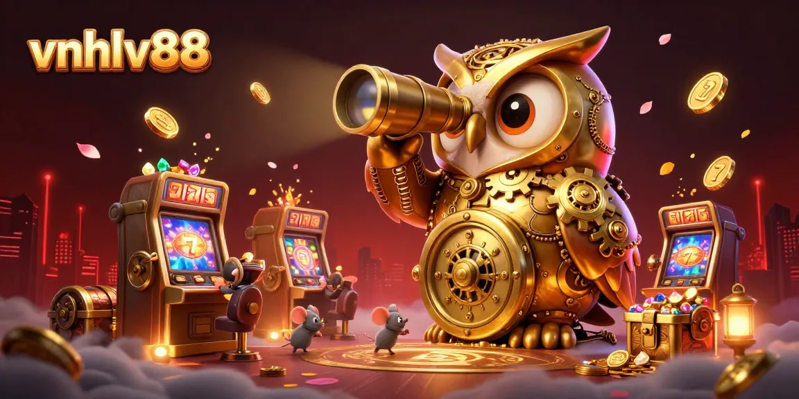 Play exciting games at vnhlv88, featuring charming 3D owl on a vibrant casino floor filled with treasures.