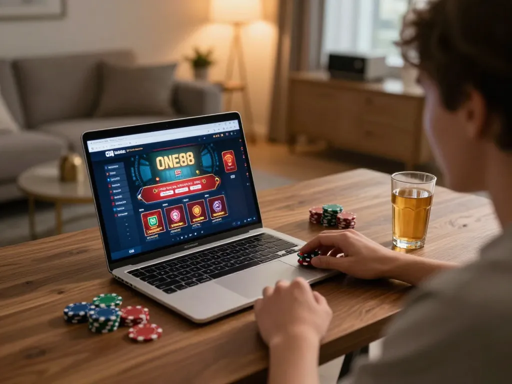 Engaging in online gaming with ONE88 on a cozy home setup showing laptop and poker chips