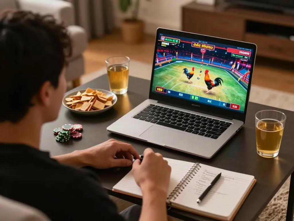 Enjoying a live đá gà thomo match on a laptop while analyzing betting notes and strategies.
