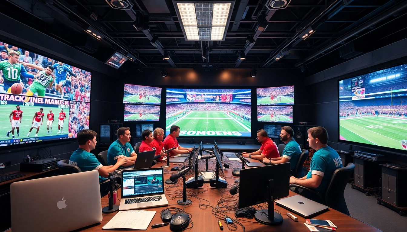 Engaging sports broadcasting professionals analyze live events in a modern studio setup.