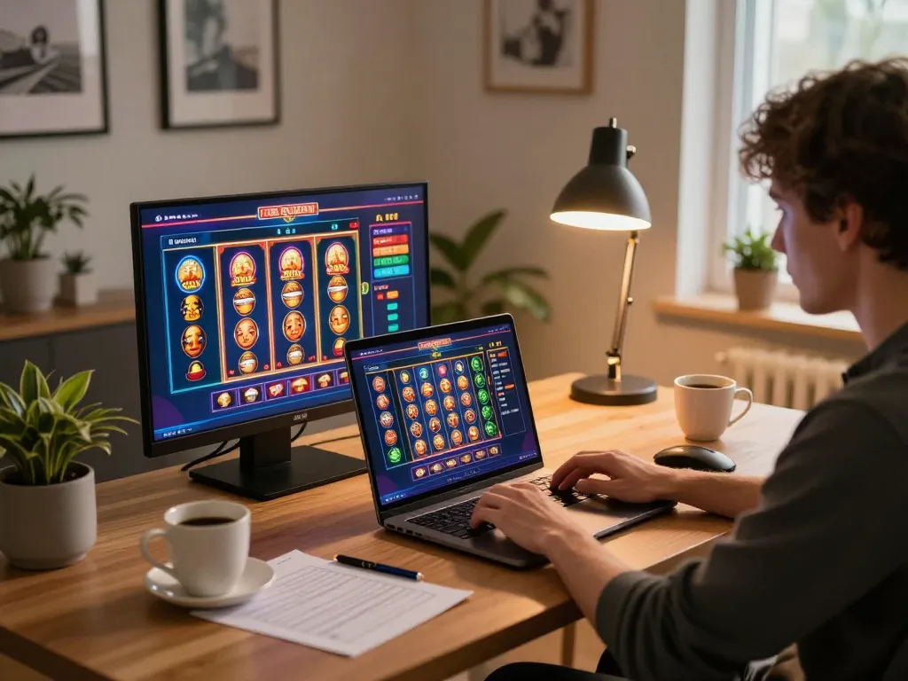 Engaging in online gambling with 27G at a stylish home office setup, showcasing a laptop screen with slots and strategy notes.