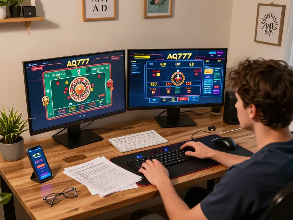 Um jogador envolvido em uma jogabilidade dinâmica na AQ777, mostrando uma experiência emocionante de cassino online.