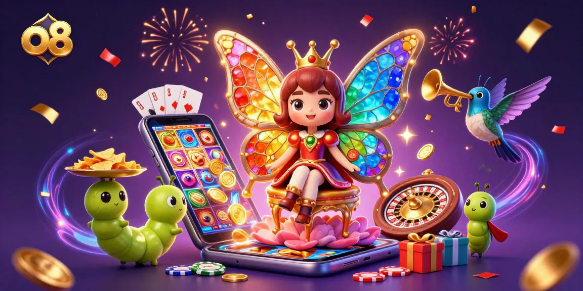Experience the dazzling world of o8 with a vibrant 3D illustration featuring a butterfly queen amidst casino elements.