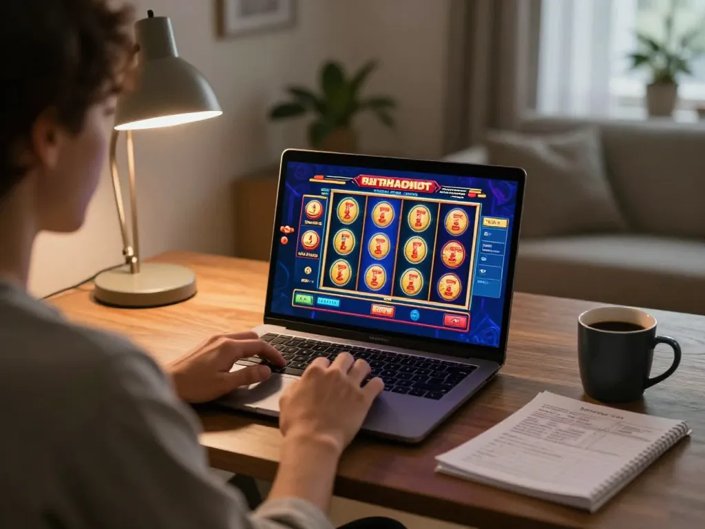 Engaging scene of a player enjoying TG88 online casino slots from their home.