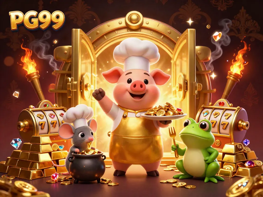 Experience the thrilling world of PG99 with a chef pig presenting golden treasures and colorful gaming elements.
