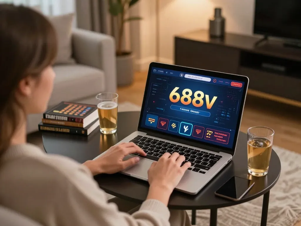 Engaging online casino experience on 688v gaming platform at home, showcasing player concentration.