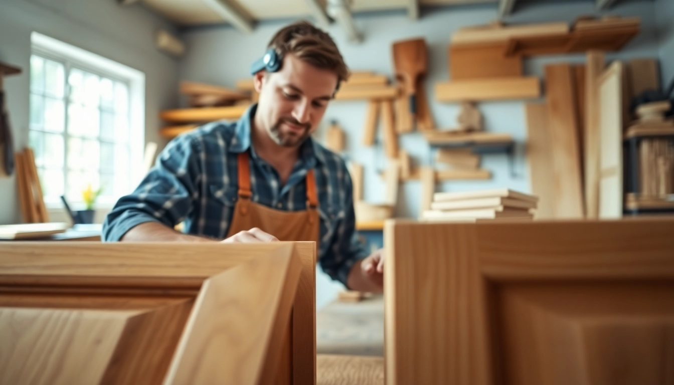 Cabinet maker near me creating personalized cabinetry in a bright workshop.