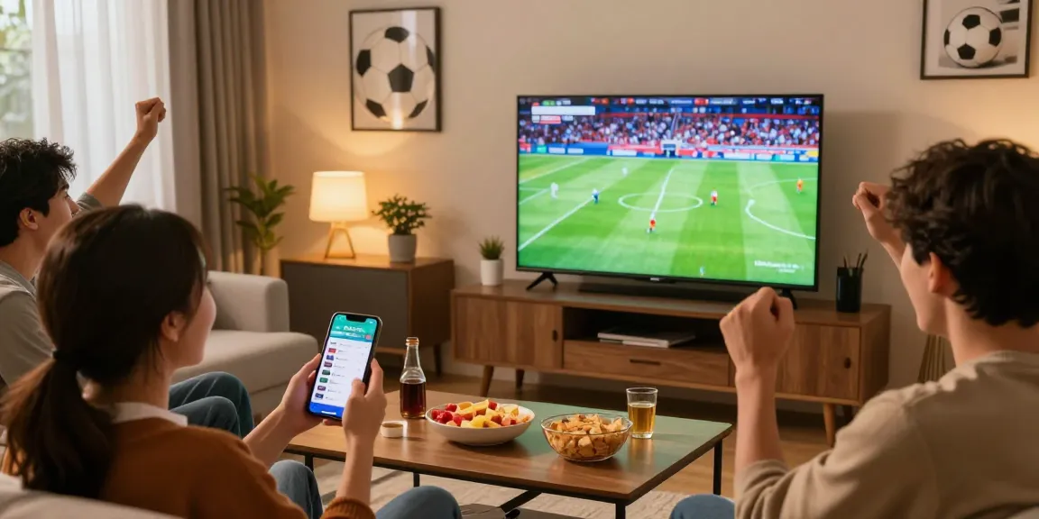 Cheering friends watching football on Multicanais in HD.