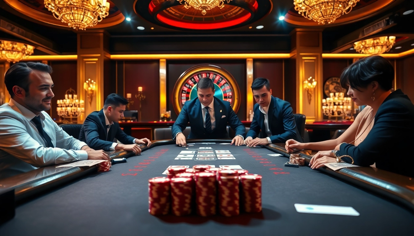 Intense poker game scene at a luxurious casino highlighting uu88's exhilarating gambling experience.